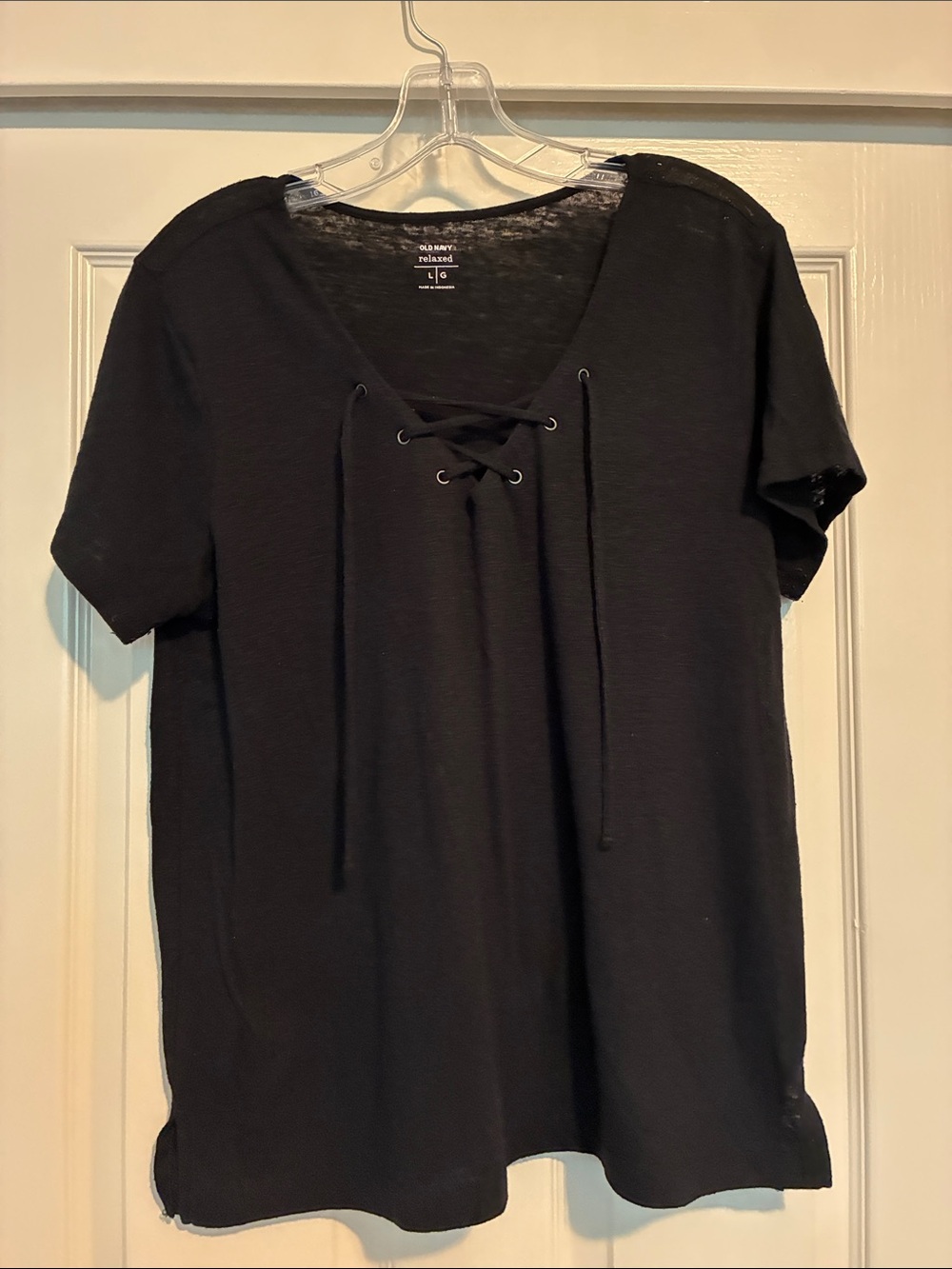 Old Navy Black Lace-Up‎ V-Neck Short Sleeve Tee